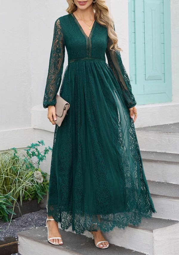 Women's Fall Lace Maxi Wedding Dress Long Sleeve V Neck Flowy A Line Cocktail Formal Party Dress Spring