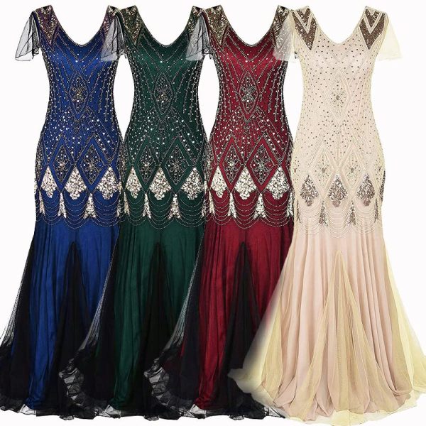 Women Evening Dress 1920s Flapper Cocktail Mermaid Plus Size Formal Gown with Long Gloves