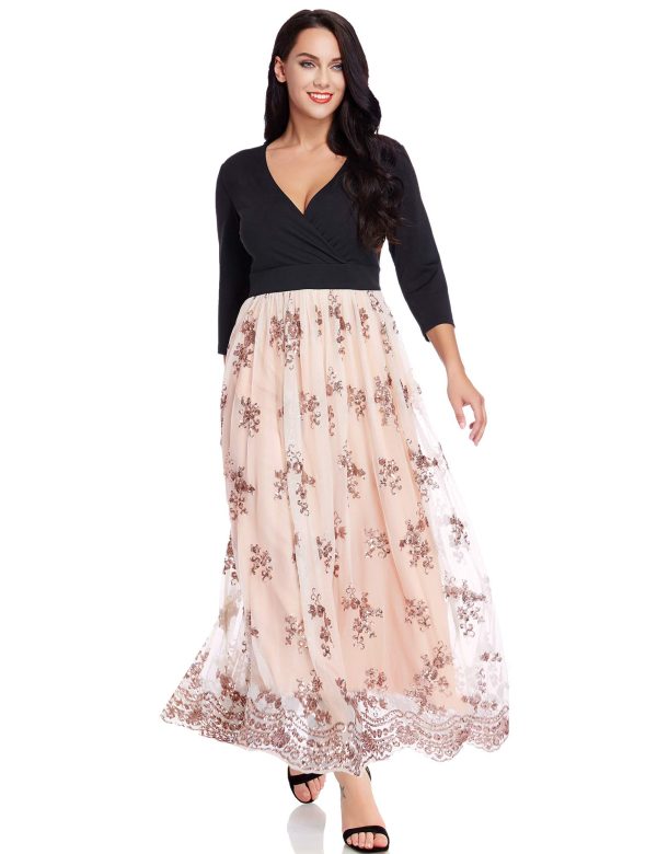 Women's Plus Size Sequin 3/4 Sleeves Evening Gown Party Long Maxi Dress