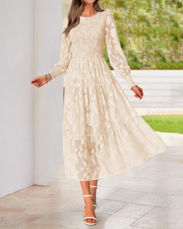 Casual Women's 2025 Spring Dresses Elegant Wedding Guest Dress Long Sleeve Floral Midi Dress Flowy Bohemian Long Dress