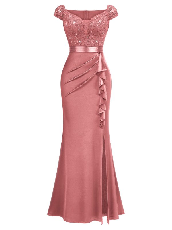 Women's Vintage V-Neck Slim Style Ruffle Split Evening Formal Maxi Dress