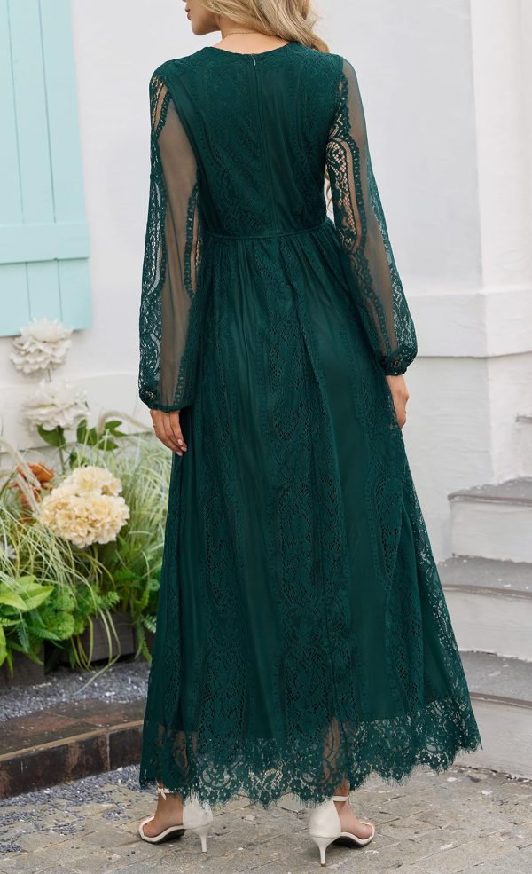 Women's Fall Lace Maxi Wedding Dress Long Sleeve V Neck Flowy A Line Cocktail Formal Party Dress Spring
