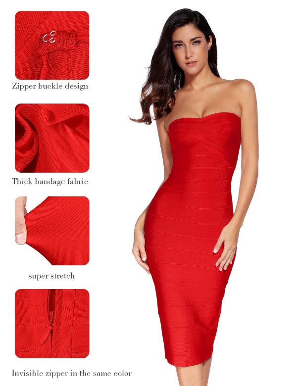 Women's Midi Cocktail Dresses Strapless Bandage Bodycon Dress Wedding Party Dress