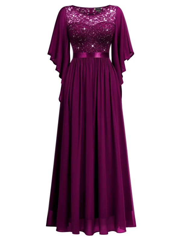 Women's Elegant Style Sequin Lace Contrast Chiffon Bridesmaid Party Maxi Dress