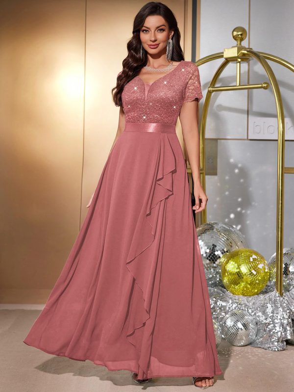 Women's Classy V-Neck Ruffle Floral Lace Hem Trim Sequined Maxi Bridesmaid Dress