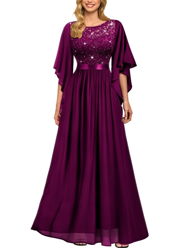 Women's Elegant Style Sequin Lace Contrast Chiffon Bridesmaid Party Maxi Dress