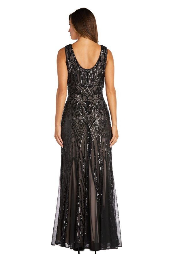 Long Beaded Dress W/Contrast Lining, V-Neckline & Godet Skirt