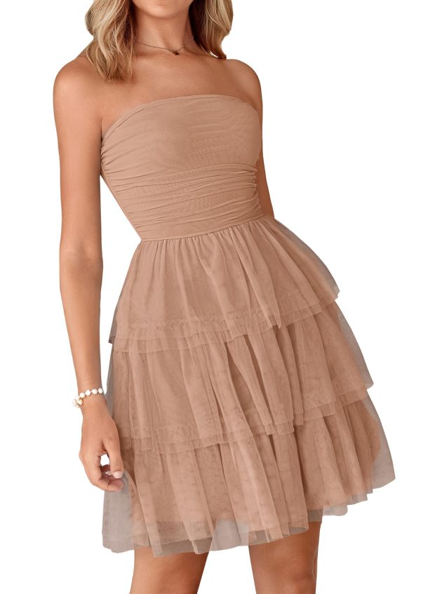 Womens Tulle Dress Strapless Tube Top Short Dress Summer Ruffle Tiered Party Wedding Guest Dresses