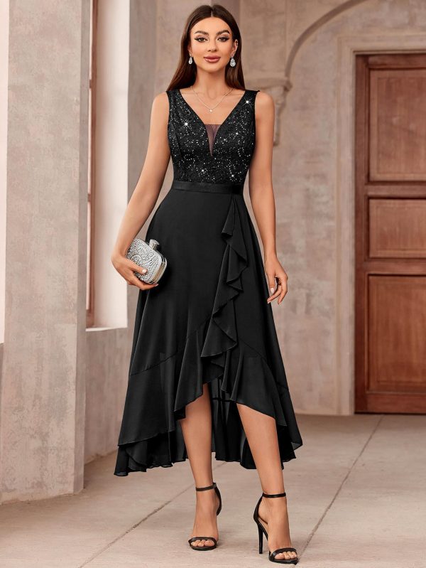 Women's Vintage V-Neck Sleeveless Sequined Floral Lace Ruffle Split Evening Party Dress