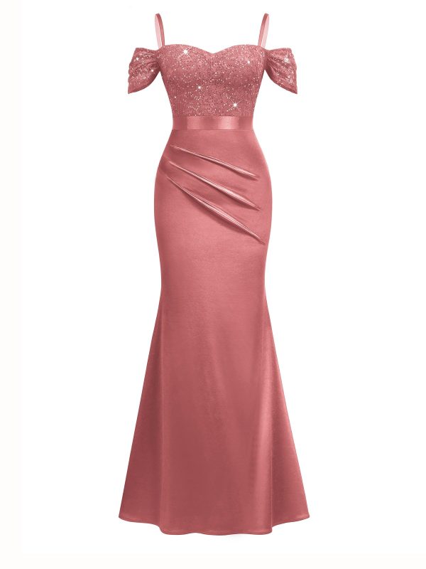 Women's Elegant Sequin Lace Spaghetti Straps Formal Satin Maxi Dress