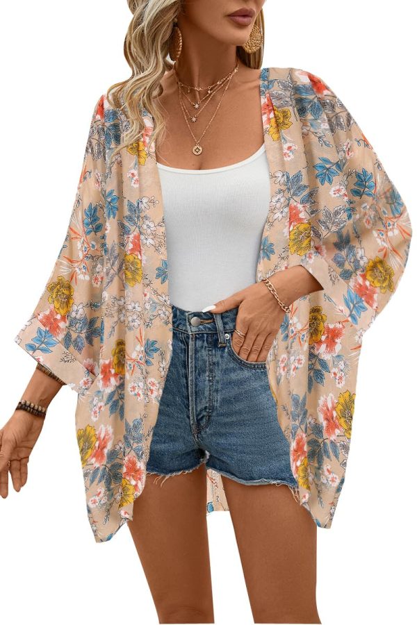 Women's Floral Print Sheer Chiffon 3/4 Bat Sleeve Casual Loose Kimono Cardigan Capes