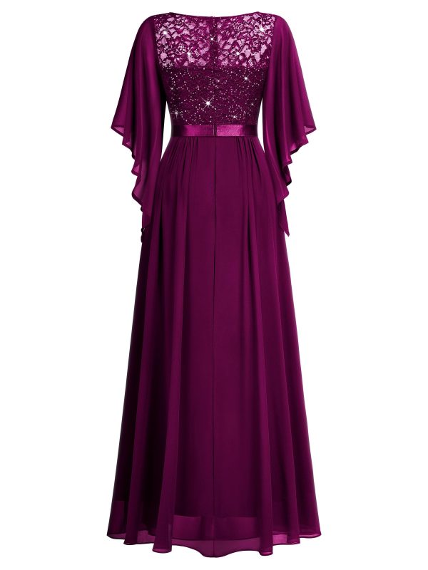 Women's Elegant Style Sequin Lace Contrast Chiffon Bridesmaid Party Maxi Dress