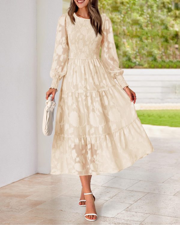 Casual Women's 2025 Spring Dresses Elegant Wedding Guest Dress Long Sleeve Floral Midi Dress Flowy Bohemian Long Dress