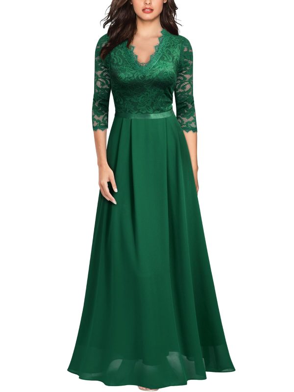 Women's Formal Floral Lace 2/3 Sleeves Long Evening Party Maxi Dress