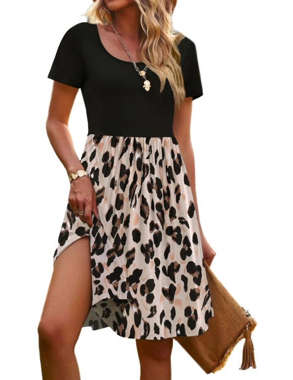 Womens Casual Dress Floral Patchwork Summer Dress Square Neck Short Sleeve A Line Flowy Swing Mini Dress with Pockets
