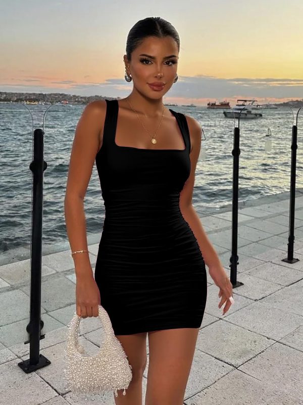 Women's Sexy Bodycon Corset Mini Dresses Square Neck Ruched Sleeveless Club Party Short Dress