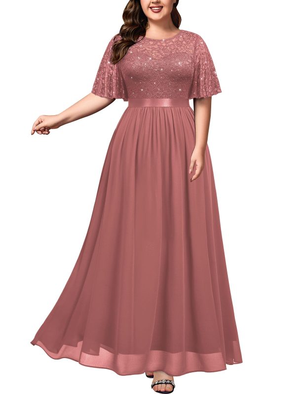 Women's Plus Size Sequin Lace Round Neck Butterfly Sleeves Formal Evening Maxi Dress