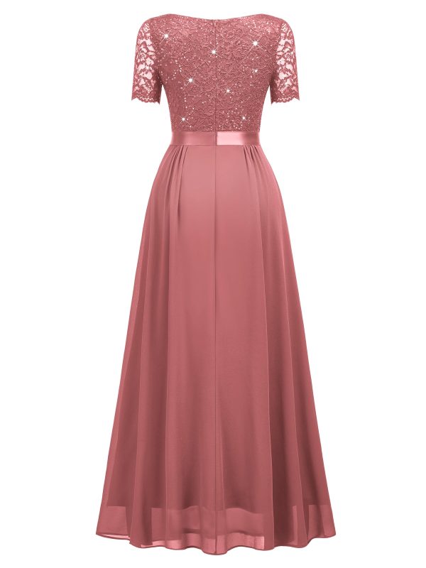 Women's Classy V-Neck Ruffle Floral Lace Hem Trim Sequined Maxi Bridesmaid Dress