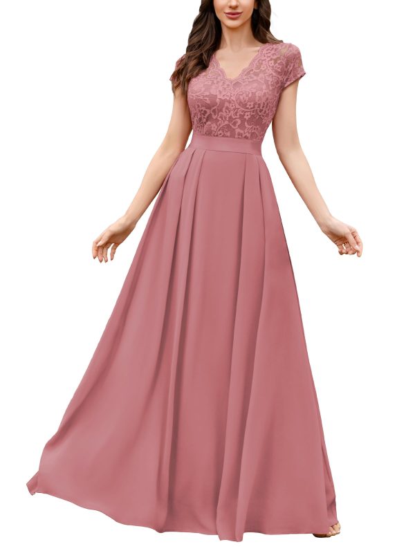 Women's Elegant Floral Lace Formal V Neck Bridesmaid Party Dress
