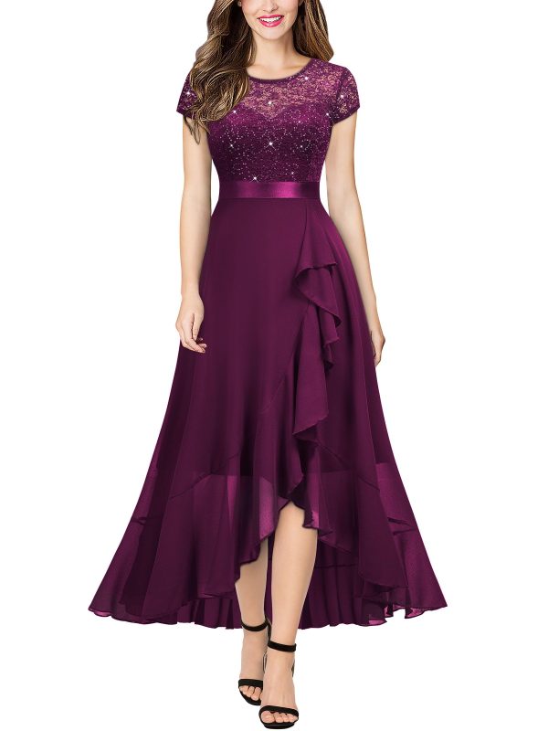 Women's Scoop Neck Sequined Floral Lace Ruffle Wedding Party Long Dress