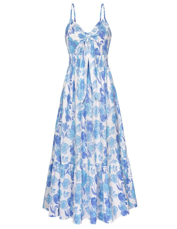 Women's 2025 Summer Maxi Dress Floral Tie Front Spaghetti Strap Casual Boho Beach Flowy Sundress with Pockets
