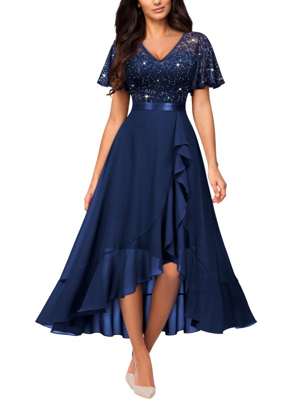 Women's Classy V-Neck Butterfly Sleeve Sequined Floral Lace Ruffle Split Bridesmaid Party Dress
