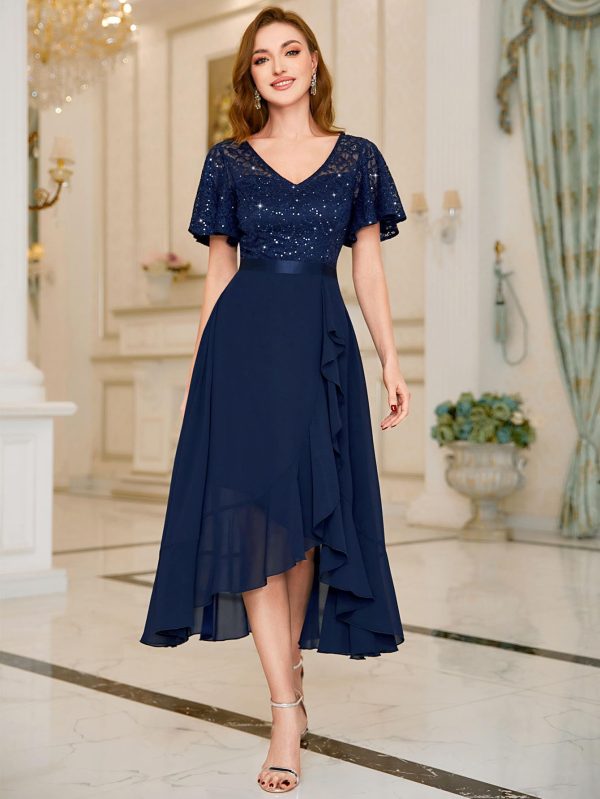 Women's Classy V-Neck Butterfly Sleeve Sequined Floral Lace Ruffle Split Bridesmaid Party Dress
