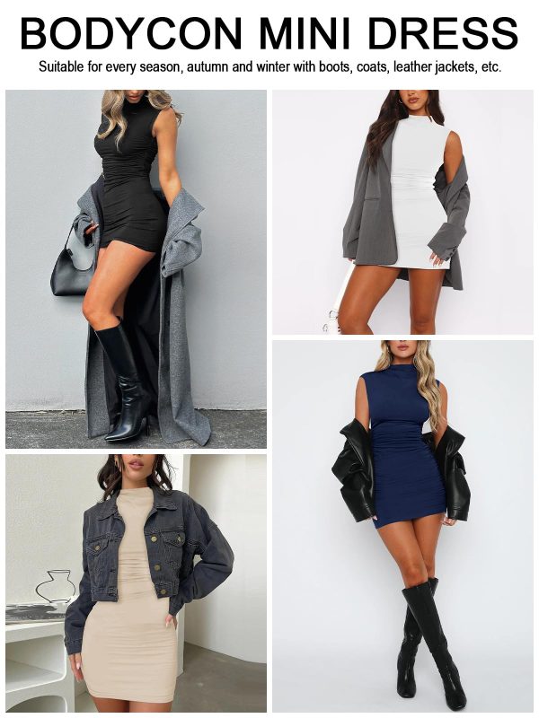 Women's Sexy Summer Casual Mock Neck Sleeveless Bodycon Dresses Ruched Turtleneck Cocktail Party Mini Dress