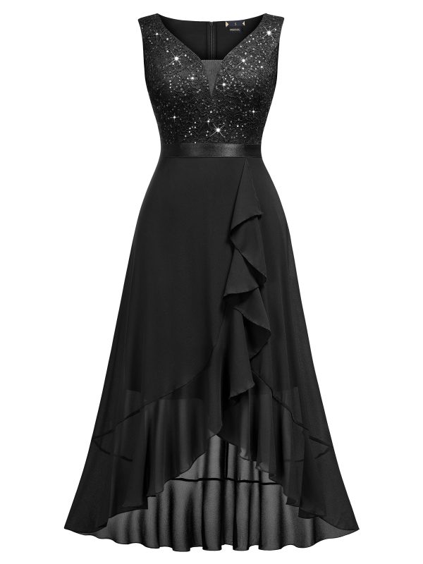 Women's Vintage V-Neck Sleeveless Sequined Floral Lace Ruffle Split Evening Party Dress
