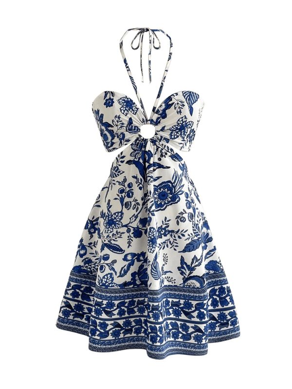 Women's Floral Halter Neck Vacation Dress Sleeveless Cut Out Boho Cami Dress