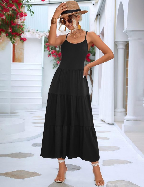 Womens Summer Long Dress Adjustable Spaghetti Strap Floral Casual Dress with Pockets Flowy Tiered Beach Sundress