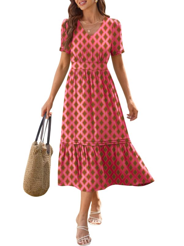 Women 2025 Summer Boho Maxi Dresses Floral Short Sleeve V Neck Elastic Waist Tiered Flowy Long Beach Vacation Dress