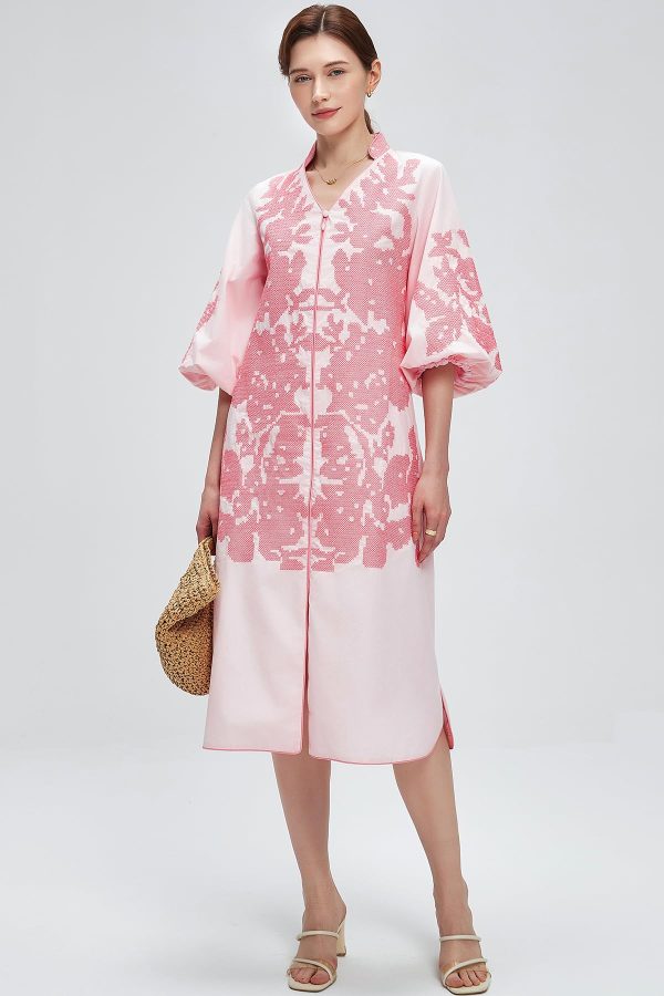 Women Casual V-Neck Mid Dress Floral Embroidery 3/4 Sleeves Spring Summer Tunic Dress Loose Zip Party Dress with Pocket