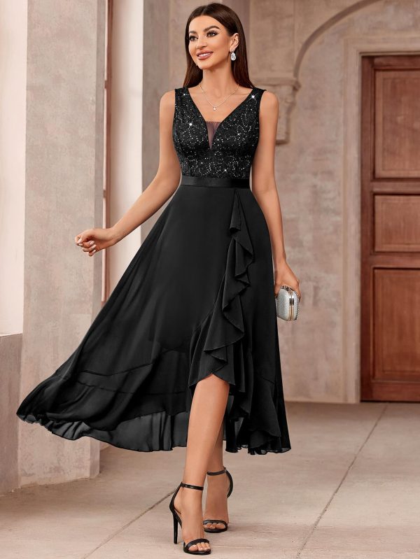 Women's Vintage V-Neck Sleeveless Sequined Floral Lace Ruffle Split Evening Party Dress