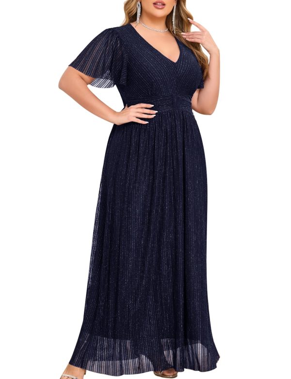 Plus Size Maxi Formal Dress Sparkly V-Neck A-line Ruffle Sleeves Evening Gown Cocktail Prom Glitter