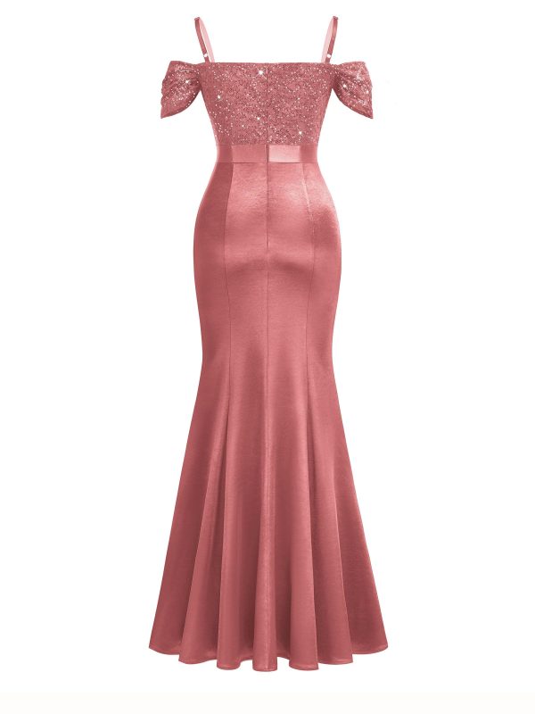 Women's Elegant Sequin Lace Spaghetti Straps Formal Satin Maxi Dress