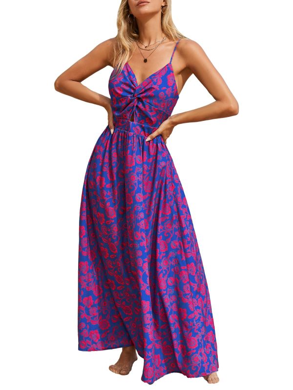 Women's Maxi Dress Floral Print Twisted V Neck Sleeveless Long Dress Summer Casual Dress