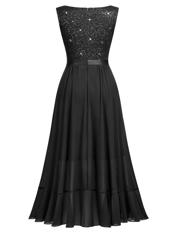 Women's Vintage V-Neck Sleeveless Sequined Floral Lace Ruffle Split Evening Party Dress