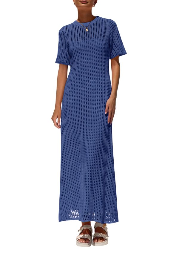 Womens Eyelet Cover Up Dress 2025 Summer Vacation Resort Maxi Dresses Beach Short Sleeve Hollow Out Sundress