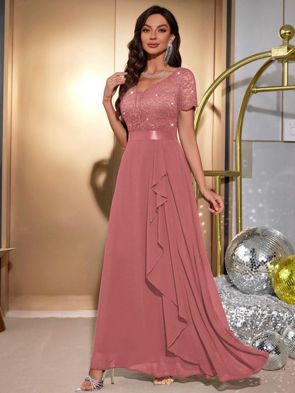 Women's Classy V-Neck Ruffle Floral Lace Hem Trim Sequined Maxi Bridesmaid Dress