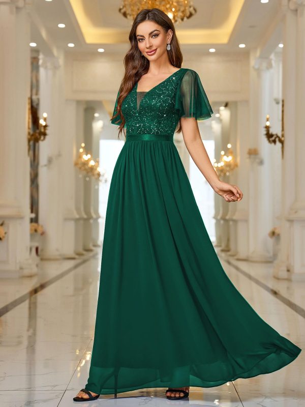 Women's Elegant Deep-V Neck Ruffle Tulle Sleeve Sequin Lace Formal Maxi Dress