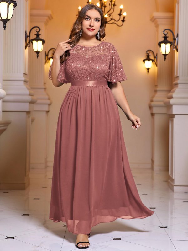 Women's Plus Size Sequin Lace Round Neck Butterfly Sleeves Formal Evening Maxi Dress