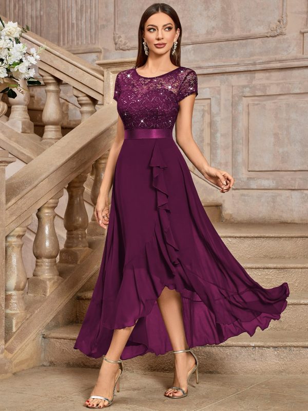 Women's Scoop Neck Sequined Floral Lace Ruffle Wedding Party Long Dress