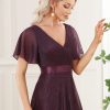 Womens Evening Dresses V Neck Short Sleeves A-line Glitter Formal Dresses 50159