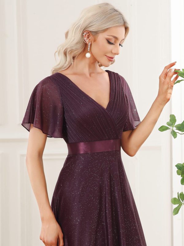 Womens Evening Dresses V Neck Short Sleeves A-line Glitter Formal Dresses 50159