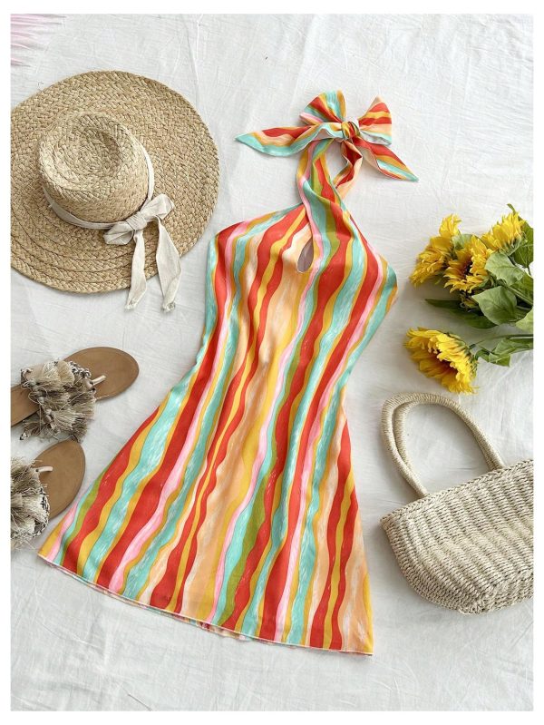 Women's Sleeveless Halter Backless Tie Back Floral Bodycon Mini Dress