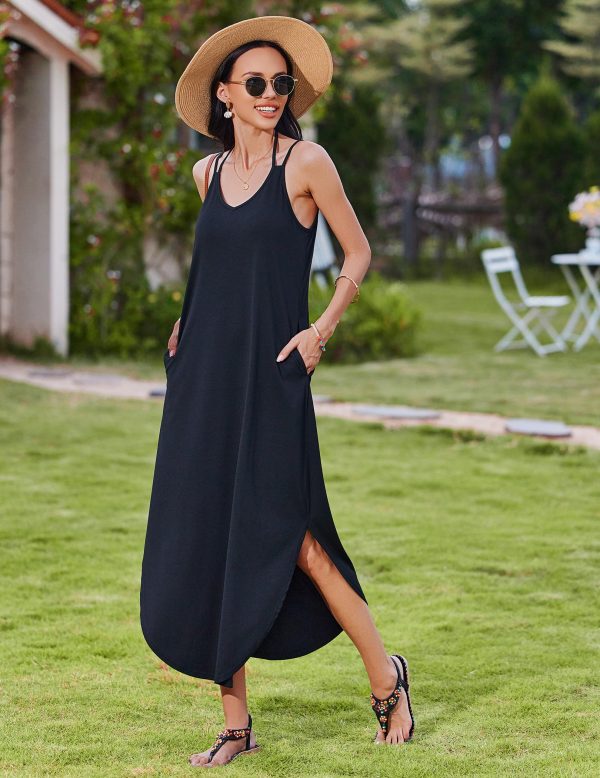 Women's Casual Sundress Summer Maxi Sleeveless V Neck Split Boho Beach Dress Travel Vacation Dress with Pockets