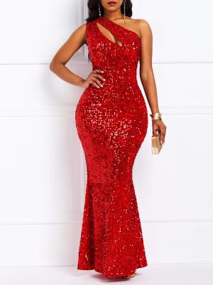 Sequins Fashion Sleeveless Oblique Collar Mermaid Women's Maxi Dress Bodycon Dress Party Dress