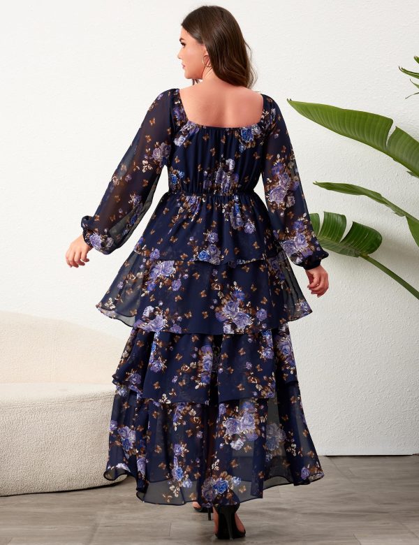 Womens Plus Size Floral Tiered Ruffle Long Sleeve Evening Party Wedding Guest Dress