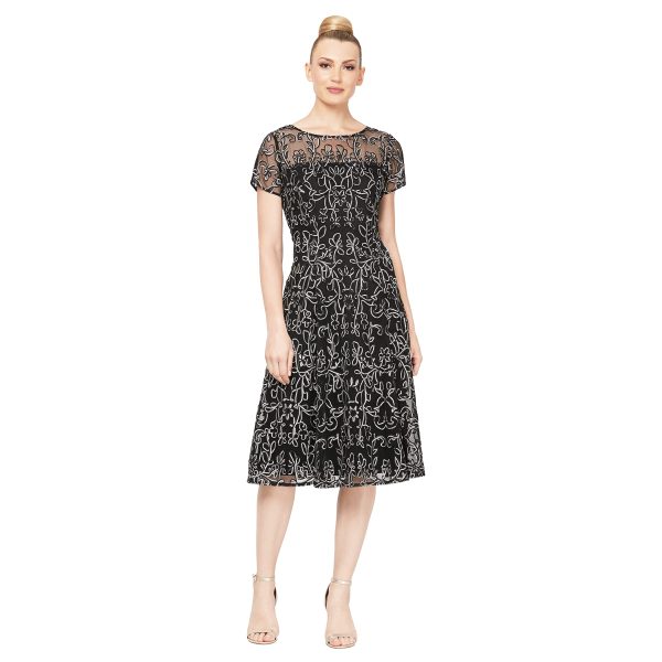 Women's Tea Length Cap Sleeve Illusion Neckline Embroidered Lace Dress